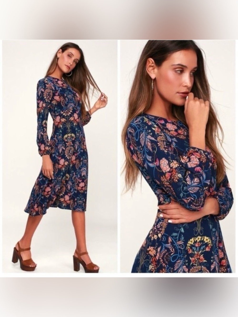 I. Madeline Garden Splendor Floral Midi Dress XL Navy Long Sleeve A-Line